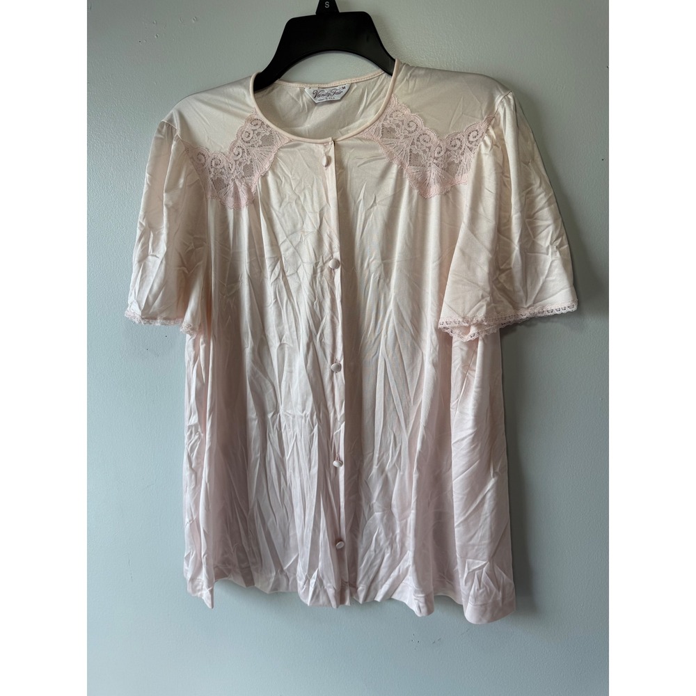 Vintage Vanity Fair Pink Lace Bed Top Short Sleeve Button Front Sleepwear M - Picture 10 of 12